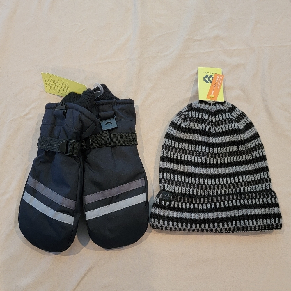All In Motion Kids Striped Black and Gray Beanie and Mittens‎ Set